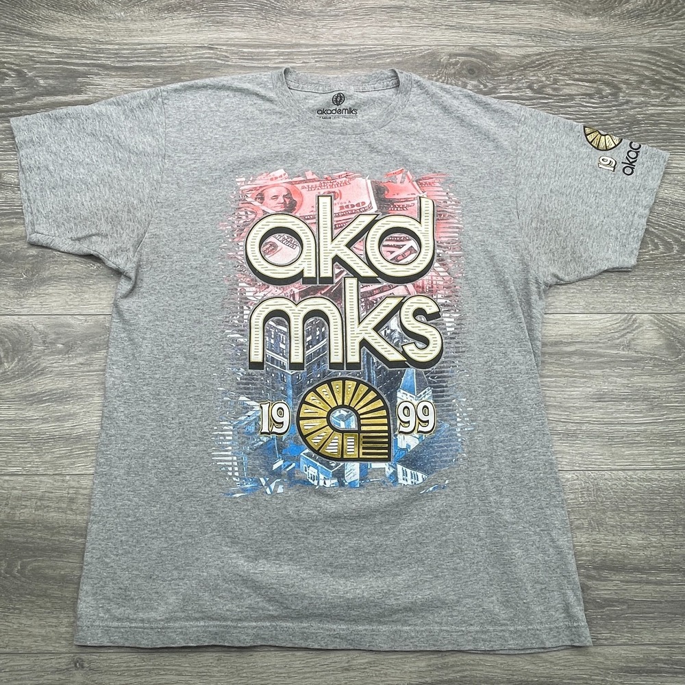 Akademiks 1999 Money Graphic T-Shirt Large Gray Streetwear Hip Hop Y2K Style